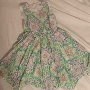 Sleeveless Floral Print Dress - White with Green & Pink